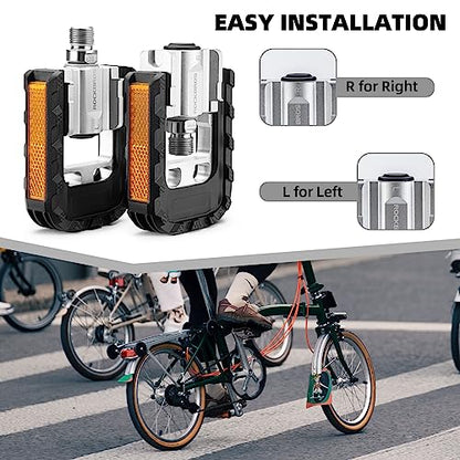 ROCKBROS Folding Bike Pedals Aluminum Alloy Foldable Bicycle Pedals 9/16 Inch Lightweight with Reflective Strips&Non Slip for Folding Bike, Electric Bike