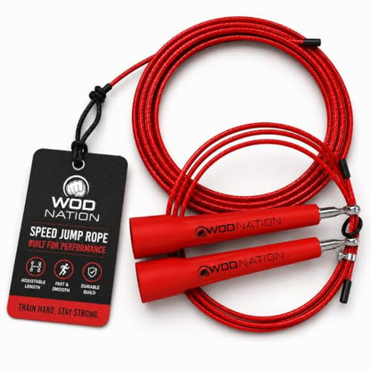 WOD Nation Adjustable Speed Jump Rope For Men, Women & Children - Blazing Fast Fitness Skipping Rope Perfect for Boxing, MMA, Endurance - color: Red