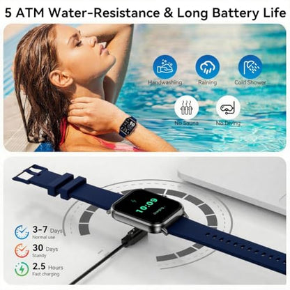 Jacoosa Smart Watch for Men/Women Android & iPhone, 1.83" HD Touch Screen, Bluetooth Calling, 5 ATM Waterproof Fitness Tracker with 130+ Sports Modes, 24/7 Health Monitor (Blue) - color: Blue