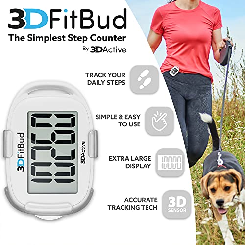3DFitBud Simple Step Counter Walking 3D Pedometer by 3DActive with Clip, Lanyard Accurate Step Tracker Large Display, Easy to Use for Kids Men Women Adult Seniors Daily Step Tracking - A420S - color: White