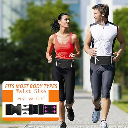 Slim Running Belt for Women & Men with Quick-Dry Pockets & Night Reflective. Adjustable Waist Pack for Phone, Keys, Cards, and Cash.