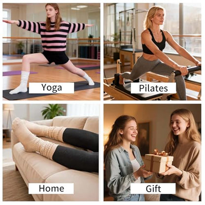 Grip Pilates Socks for Women Mid Calf Slouch Yoga Socks with Non Slip Grippers - color: Black/White/Khaki