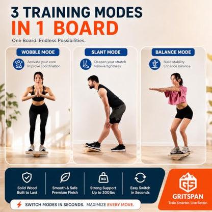 Slant Board for Exercise, 3-in-1 Wooden Calf Stretcher, Rocker Balance Board and 360° Wobble Board, 5 Adjustable Angles, Anti-Slip Surface, Training Poster Included