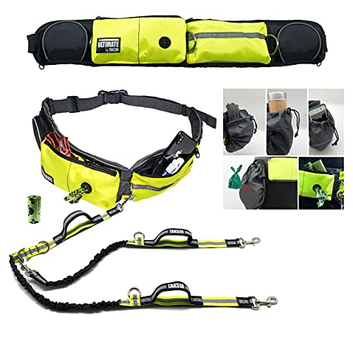 TAKSIN The Ultimate Hands Free Two Dogs Double Leash System for Walking Running Hiking Training, Reflective Bungee Leash, Treat Holder, Poop Bag Dispenser Small Medium Large Dogs (Yellow Deluxe Pack) - color: Yellow, size: Two Dogs