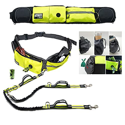 TAKSIN The Ultimate Hands Free Two Dogs Double Leash System for Walking Running Hiking Training, Reflective Bungee Leash, Treat Holder, Poop Bag Dispenser Small Medium Large Dogs (Yellow Deluxe Pack) - color: Yellow, size: Two Dogs