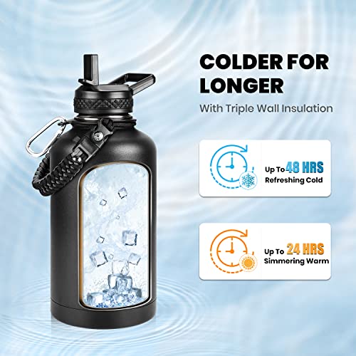 RAYMYLO Insulated Water Bottle 64 oz, Triple Wall Vacuum Stainless Steel - color: Magic Black+Indigo/Black, size: 64 Ounces