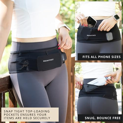 Build & Fitness LiteBelt Running Belt – 4 Quick Top-Access Pockets –Flip Waist Pack, Running Phone Holder – Fits All Size Phones, Keys, Cards, Earpods, GUs – for Men and Women (Black, M) - size: Medium