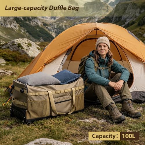 REDCAMP 85L/120L/140L Foldable Duffle Bag with Wheels, Large Travel Duffel Bag - color: Khaki