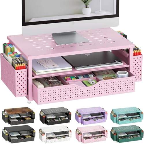gianotter Desk Organizers and Accessories, Monitor Stand with Drawer and 2 Pen Holder, Desktop Organizer Suitable for Offices and Dormitories (Pink) - color: Pink