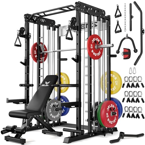 JELENS Smith Machine for Home Gym, Multi-Function M12 Power Cage with Cable Crossover System, Squat Rack with Smith Bar and More Attachment - color: Black, size: 370LB Colored Weights Package