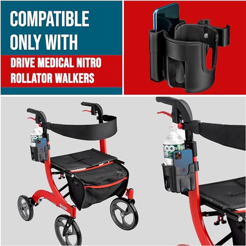 Cup and Phone Holder Compatible with Original Drive Medical Nitro Rollator Walker, Clip-On Cup Holder with Removable Phone Pocket, Fits Left or Right Side, Not Compatible with Nitro Sprint