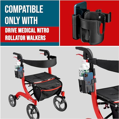 Cup and Phone Holder Compatible with Original Drive Medical Nitro Rollator Walker, Clip-On Cup Holder with Removable Phone Pocket, Fits Left or Right Side, Not Compatible with Nitro Sprint