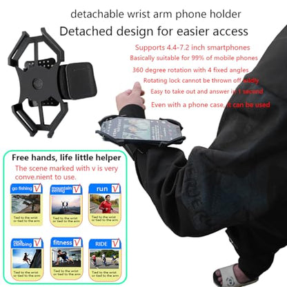 360° Rotatable Wrist Phone Armband, 2-in-1 Detachable Bike Phone Mount Holder for 4.4-7.2 Inch iPhone 15/14/13, Samsung Galaxy, Universal Cell Phone Holder for Running, Cycling, Hiking
