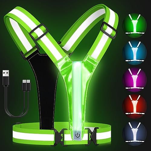 Zacro LED Reflective Vest Running Gear, 5 Lights Colors High Visibility Reflective Running Gear Rechargeable Light Up Running Vest for Walking Running Cycling, Adjustable for Men Women Kids - color: Bright Green