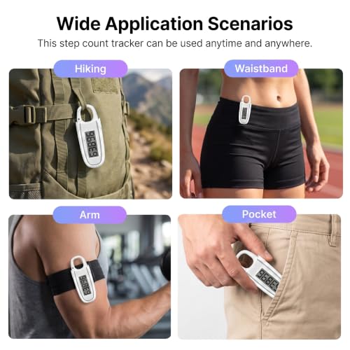 3D Pedometer for Walking, Simple Step Counter with Clip & Carabiner - color: White