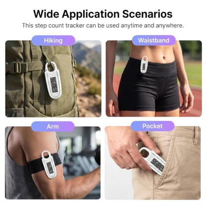 3D Pedometer for Walking, Simple Step Counter with Clip & Carabiner - color: White