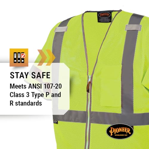 Pioneer Hi Vis Sleeved Mesh Safety Vest for Men & Women - Breathable- Reflective Tape - Pockets - Class 3 - Yellow/Green - color: Green, size: Medium