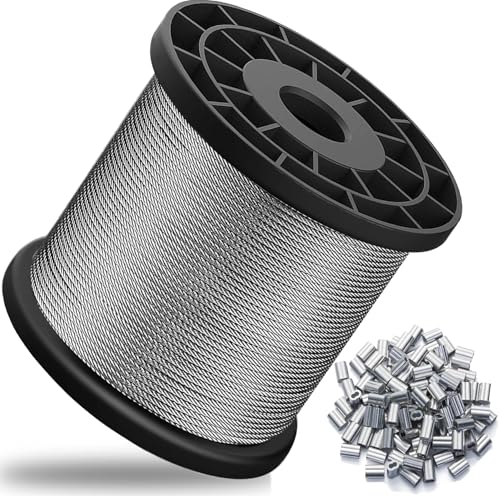 1/16" Wire Rope,328FT Stainless Steel Cable with 150Pcs Crimping Sleeves,7x7 368lbs Breaking Strength for Garden Wire,Aircraft Cable - size: 328FT Wire Rope +150Crimping Sleeves