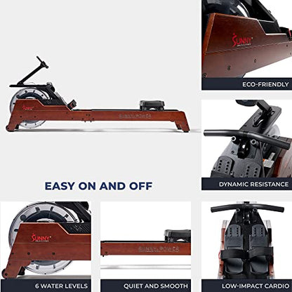 Sunny Health & Fitness Premium Water Rower w/Intensive Dynamic Real-Time Resistance, 300 LB Capacity Flip-able Rowing Machine for Home Training, Optional Free SunnyFit App Connection - color: Brown