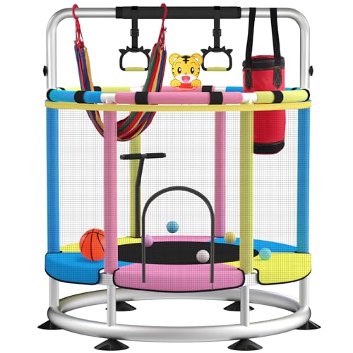 Trampoline for Kids, Adjustable Baby Toddler Trampoline with Basketball Hoop, Round Bottom Indoor Outdoor Toddler with Enclosure - color: light blue pink
