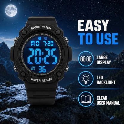 Black Digital Sports Watches for Men, Waterproof, Minimalist Large Face, Outdoor Use, LED Backlight, Stopwatch, Alarm, and Date