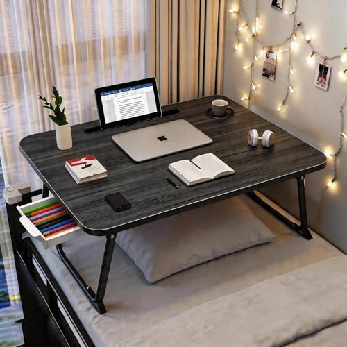 27.6" Home Office Folding Lap Desk with Drawer, Tablet Slot, Cup Holder - Fits up to 18 Inch Laptops, Bed Desk for Reading, Writing, Eating, Portable Laptop Table for Sofa, Coach, Floor (Black) - color: Black