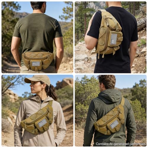 Fanny Pack Waist Packs, Large Crossbody Tactical Fanny Packs for Women Men, Waterproof Hiking Belt Bag with 5 Zipper Pockets, Hip Bum Bag with U.S Patch, Waist Pouch for Outdoor Fishing - Mud - color: Mud