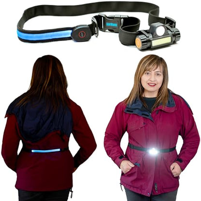 Re-Designed Belt with 2 USB Rechargeable Lights A Bright Front LED & COB and Back Light Strip On Belt for Safety and Visibility, Brighter Than Reflective Gear, for Night Runners & Dog Walking