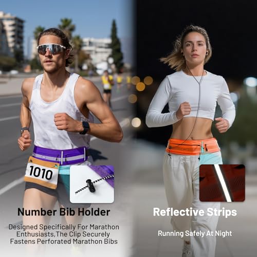 MIER Running Belt for Women & Men, Fanny Pack with Marathon Bib Clip Purple - color: Purple