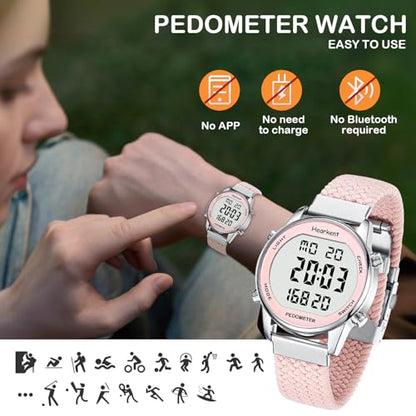 Hearkent Pedometer Watch,Step,Mileage&Calorie Tracker,Large Numbers - color: Pink
