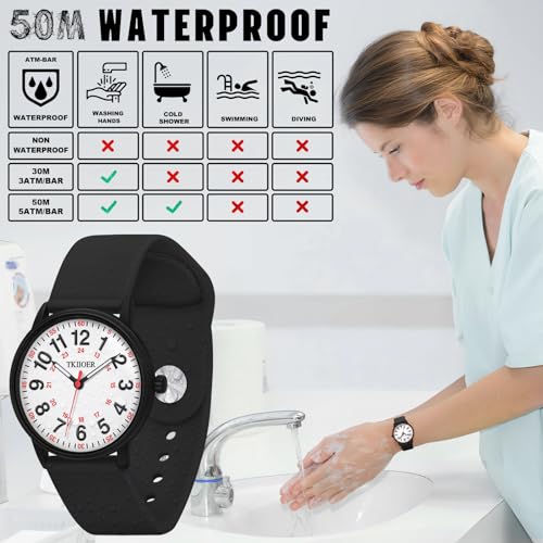 TKIIOER Nurse Watch for Nurse Medical Professionals Students Women Men, 50M Waterproof 12/24 Hour Military Time Luminous Easy Read Dial, Second Hand Watch for Nursing - color: Black White