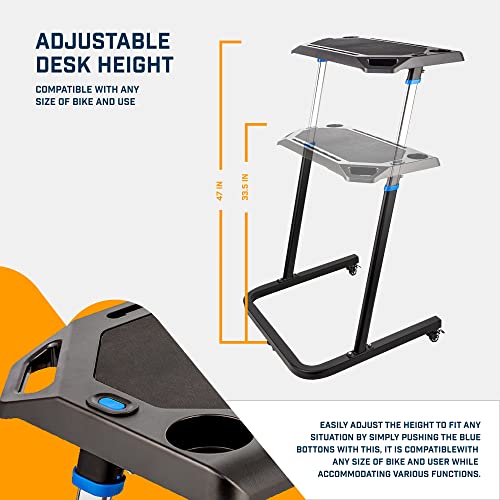 Alpcour Bike Trainer Fitness Desk – Portable Multi-Tasking Workstation Table for Cycling and Exercise – Adjustable Height with Non-Slip Surface and Gadget Slots – Lockable Wheels