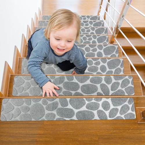 Self Adhesive Residue Free Machine Washable Reusable Stair Treads Non Slip Steps - 100% Polyester Heavyduty TPE Backing Wooden Stair Runner Indoor - 15 Pack 30"X8" Anti Slip Mats - Stone Grey - color: Grey (Stone), size: 15 pcs