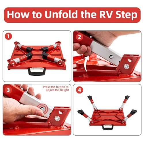 Homeon Wheels Adjustable RV Step Stool, Folding Aluminum Platform, Red - color: Red