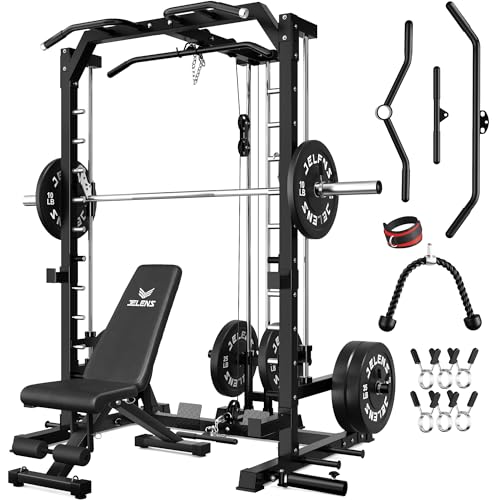 JELENS SR01 Smith Machine, 2000LBS Multi-Function Power Cage with LAT Pulldown System, All-in-One Home Gym Squat Rack with Smith Bar and Training Attachments for Full Body Workouts - color: Black, size: 230LB Black Weights Package