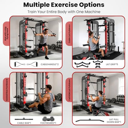 pooboo Power Cage Smith Machine with 2000LB Squat Rack Cable System