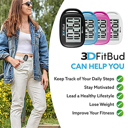 3DFitBud Simple Step Counter Walking 3D Pedometer by 3DActive with Clip, Lanyard Accurate Step Tracker Large Display, Easy to Use for Kids Men Women Adult Seniors Daily Step Tracking - A420S - color: Black