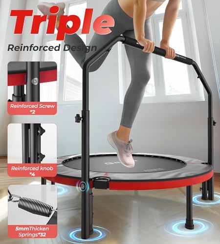 BCAN SP3 40/48" Exercise Rebounder Trampoline for Adults, Handlebar, Indoor - color: 48IN-U-Handle-Deep Red