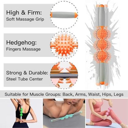 Fascia Muscle Roller, Cellulite Massager Fascia Roller for Cellulite and Sore Muscles, Neck, Leg, Back, Pressure Trigger Point Body Roller Deep Tissue Massage Stick Tools - 3 Massage Balls - color: Orange