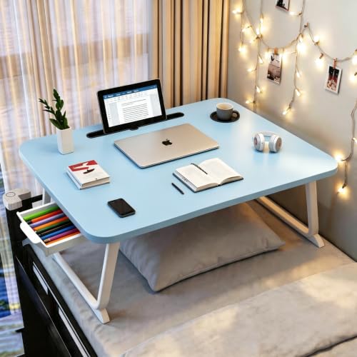 27.6" Home Office Folding Lap Desk with Drawer, Tablet Slot, Cup Holder - Fits up to 18 Inch Laptops, Bed Desk for Reading, Writing, Eating, Portable Laptop Table for Sofa, Coach, Floor (Blue) - color: Blue