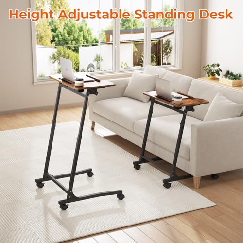 ikkle Bike Trainer Desk with Wheels, Adjustable Treadmill Desk, Rolling Standing Desk for Walking Pad Laptop, Phone Standing, Brown Wood - color: Rustic Brown, Mobile Adjust