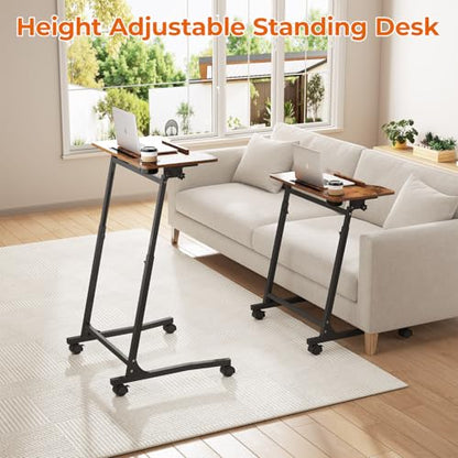 ikkle Bike Trainer Desk with Wheels, Adjustable Treadmill Desk, Rolling Standing Desk for Walking Pad Laptop, Phone Standing, Brown Wood - color: Rustic Brown, Mobile Adjust