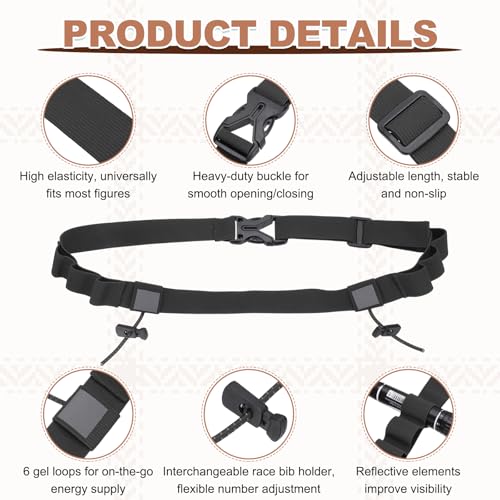 Bib Belt, Race Belt Triathlon Running Number Holder Elastic Comfortable with 6 Gel Loops, Sport Race Bib Holder 2Pcs, Black for Runners/Marathon/Cycling - color: Black