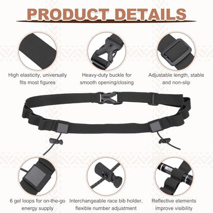 Bib Belt, Race Belt Triathlon Running Number Holder Elastic Comfortable with 6 Gel Loops, Sport Race Bib Holder 2Pcs, Black for Runners/Marathon/Cycling - color: Black