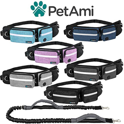 PetAmi Hands Free Dog Leash, Running Leash Belt Bag for Walking, Jogging, Waist Double Zipper Pouch with Poop Dispenser, Dual Padded Handles Reflective Bungee Single, Purple, 1 Leash - color: Purple, size: 1 Leash