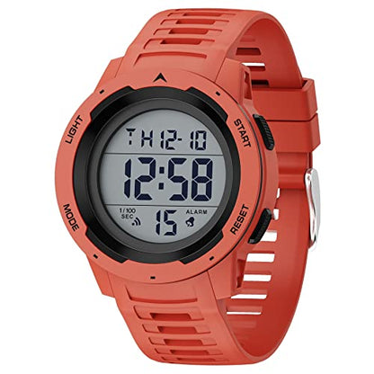 GOLDEN HOUR Mens Waterproof Digital Sport Watches Wide Screen Easy Read Display Military Style with Rubber Strap - color: red