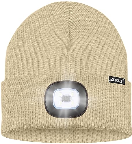 ATNKE LED Lighted Beanie Hat,USB Rechargeable 8 LED Red Glow Flashing Alarm Running Headlamp Cap Gifts for Men and Women - color: #Beige