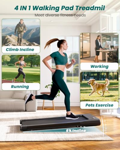 DeerRun Under Desk Walking Pad Treadmill for Home Office & Small Spaces, 6% Manual Incline, 0.6–3.8 MPH Walking Speed, 2.5 HP, 300 lb Capacity, App & Remote Control - color: Matte Black