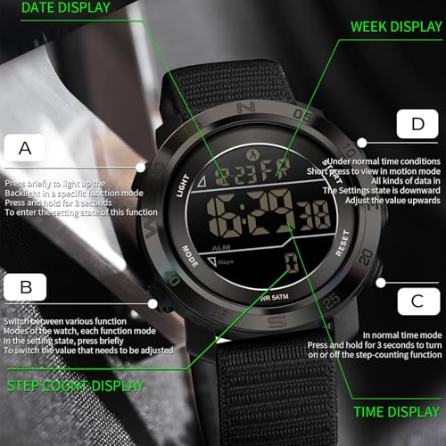 findtime Step Counter Watch No Phone Needed Pedometer for Walking Mens Women's Digital Watches with Calories Distance Alarm Countdown Timer Nylon Strap Black
