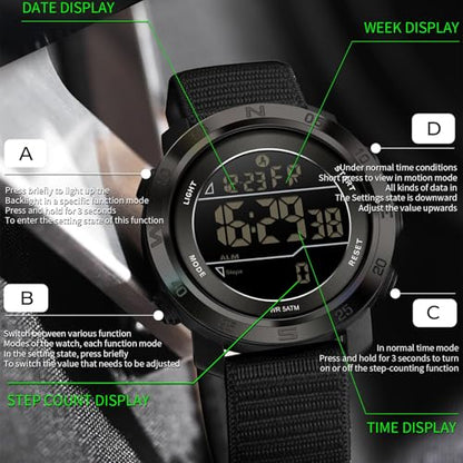findtime Step Counter Watch No Phone Needed Pedometer for Walking Mens Women's Digital Watches with Calories Distance Alarm Countdown Timer Nylon Strap Black
